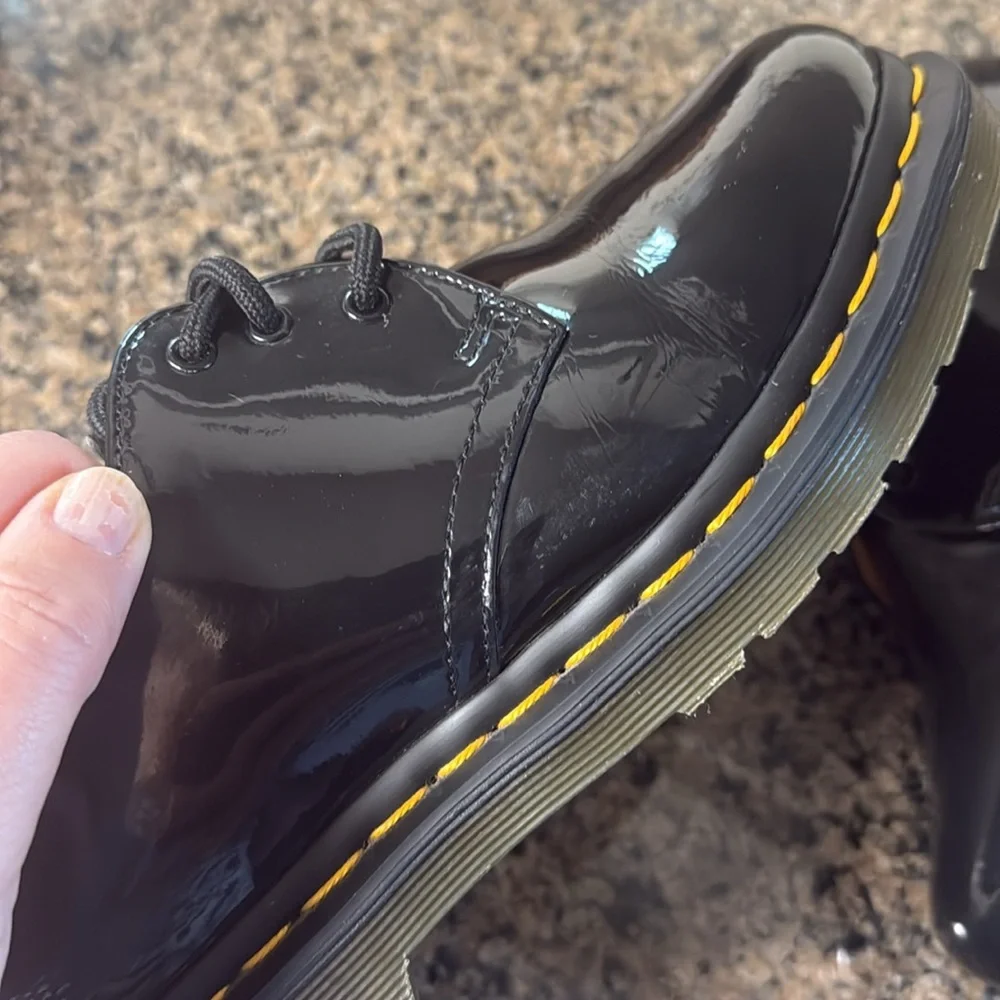 Dr. Martens Black Patent Leather Yellow Stitch Oxfords Ladies Size 7, UK Size 5